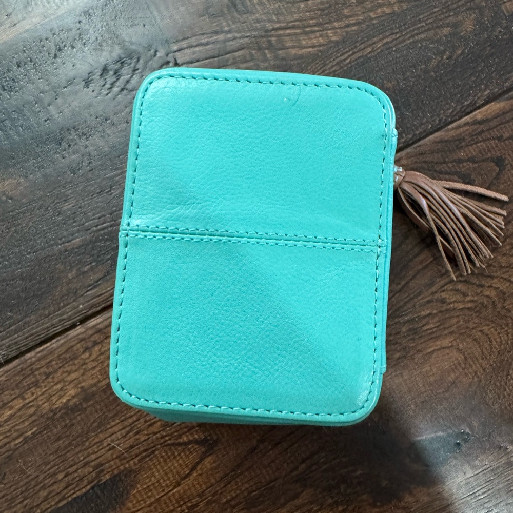 Teal Leather Jewelry Case with Brown Tassel and Accents - Picture 8 of 16
